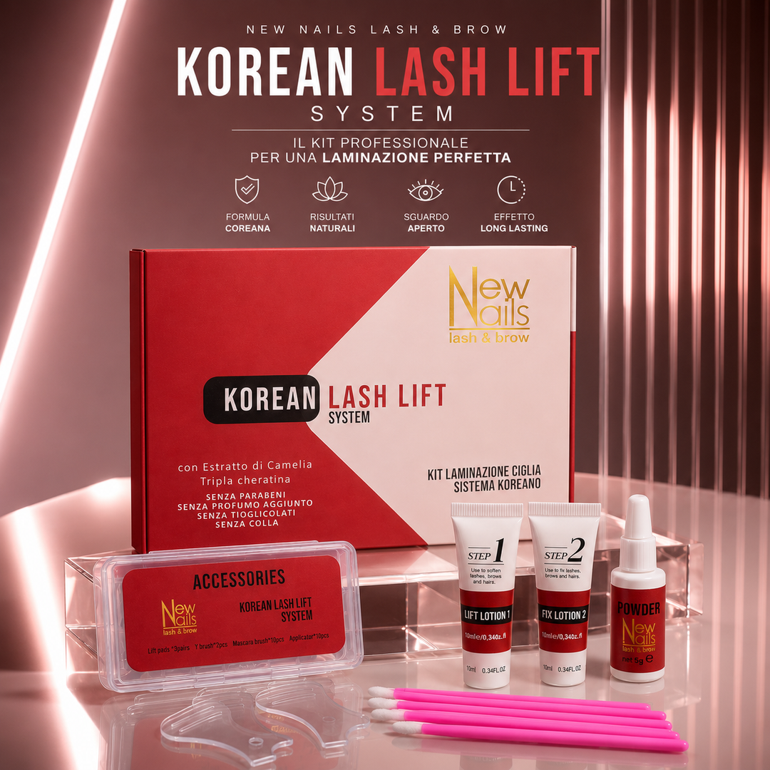 Kit professionale Korean Lash Lift System New Nails Lash & Brow con formula coreana per laminazione ciglia e sopracciglia, completo di Step 1, Step 2, Powder e accessori professionali.