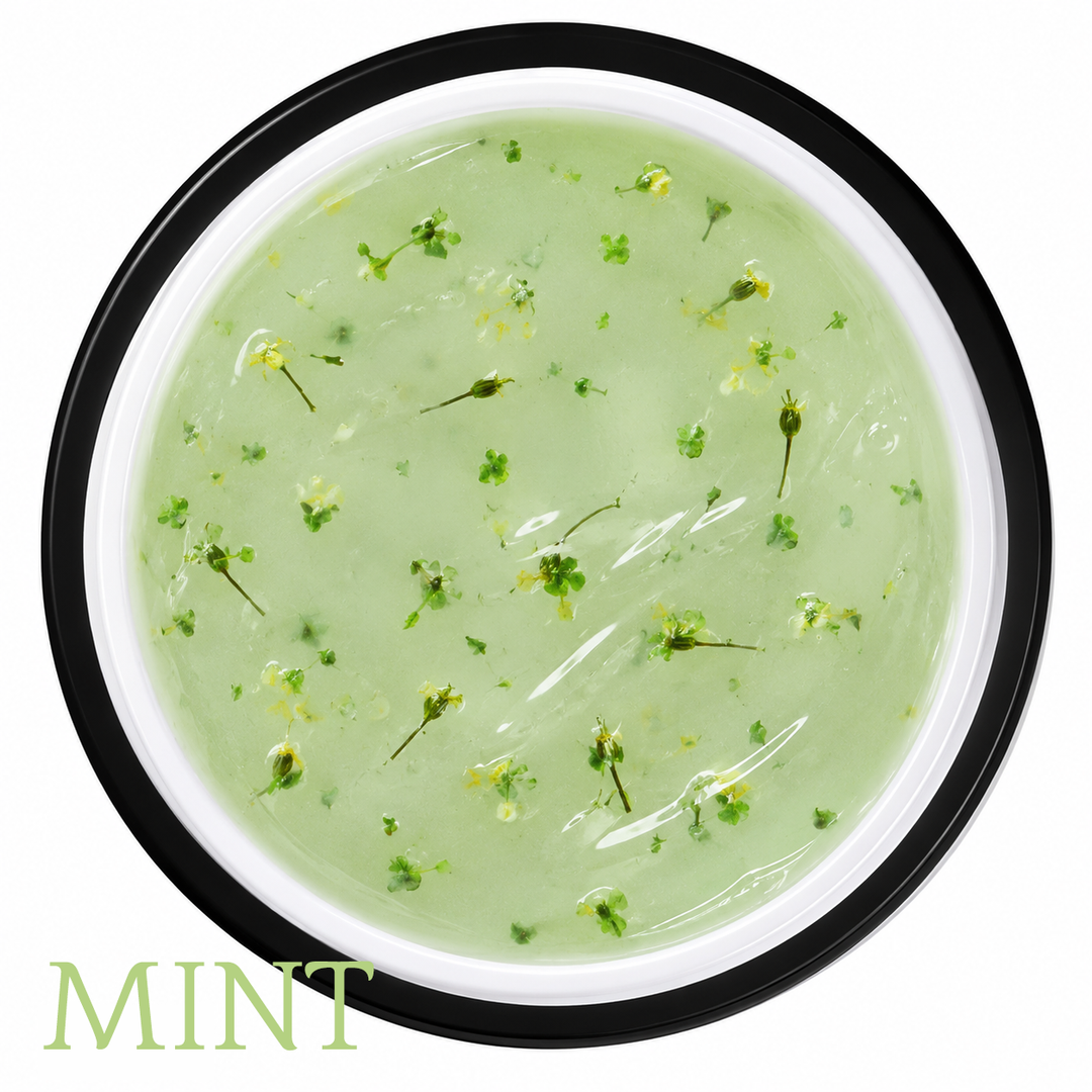 gel_colorato_per_unghie_con_fiori_veri_colore mint verde pastello con fiori gialli
