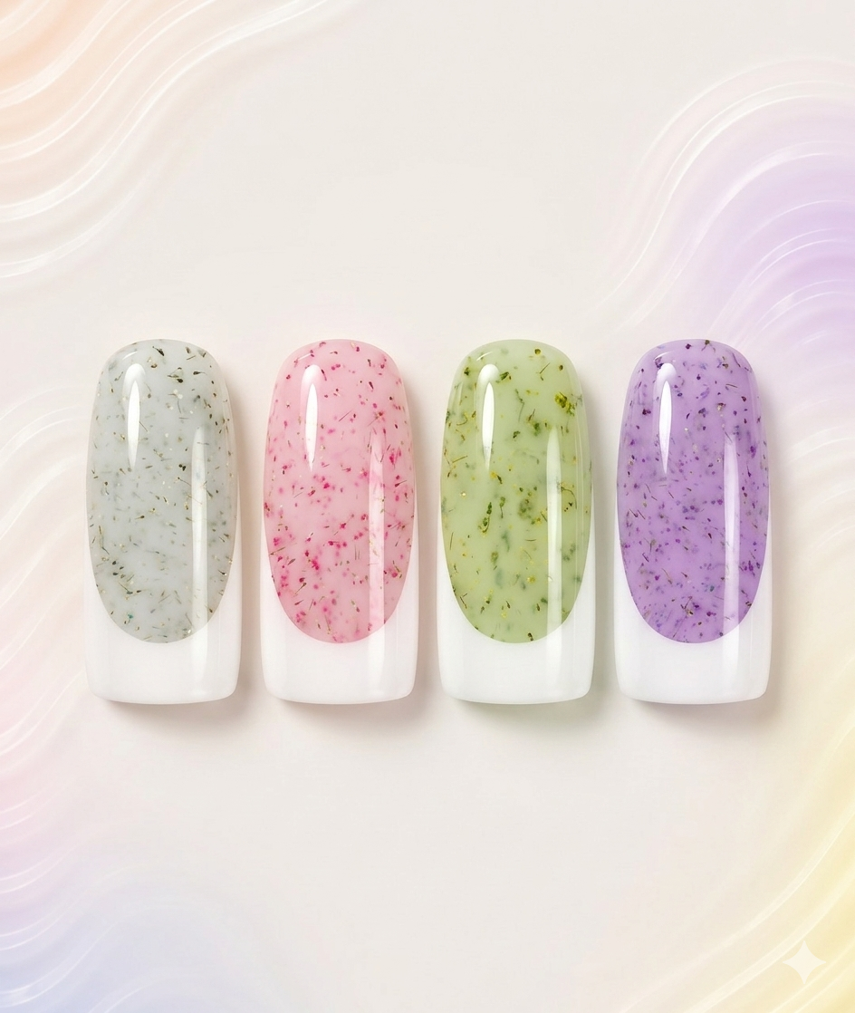 4 unghie finte con gel colorato pastello e fiori finte e franch bianco