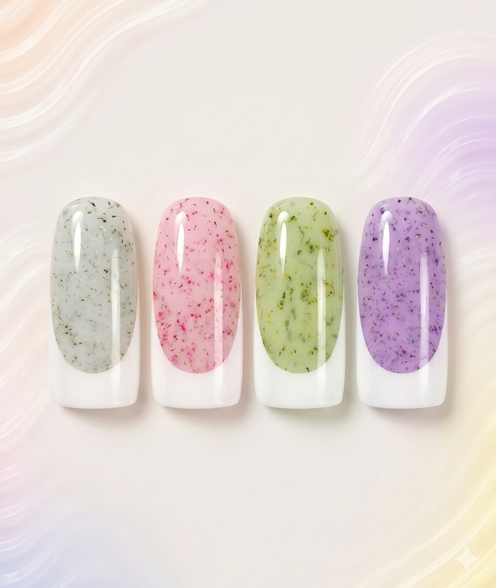4 unghie finte con gel colorato pastello e fiori finte e franch bianco